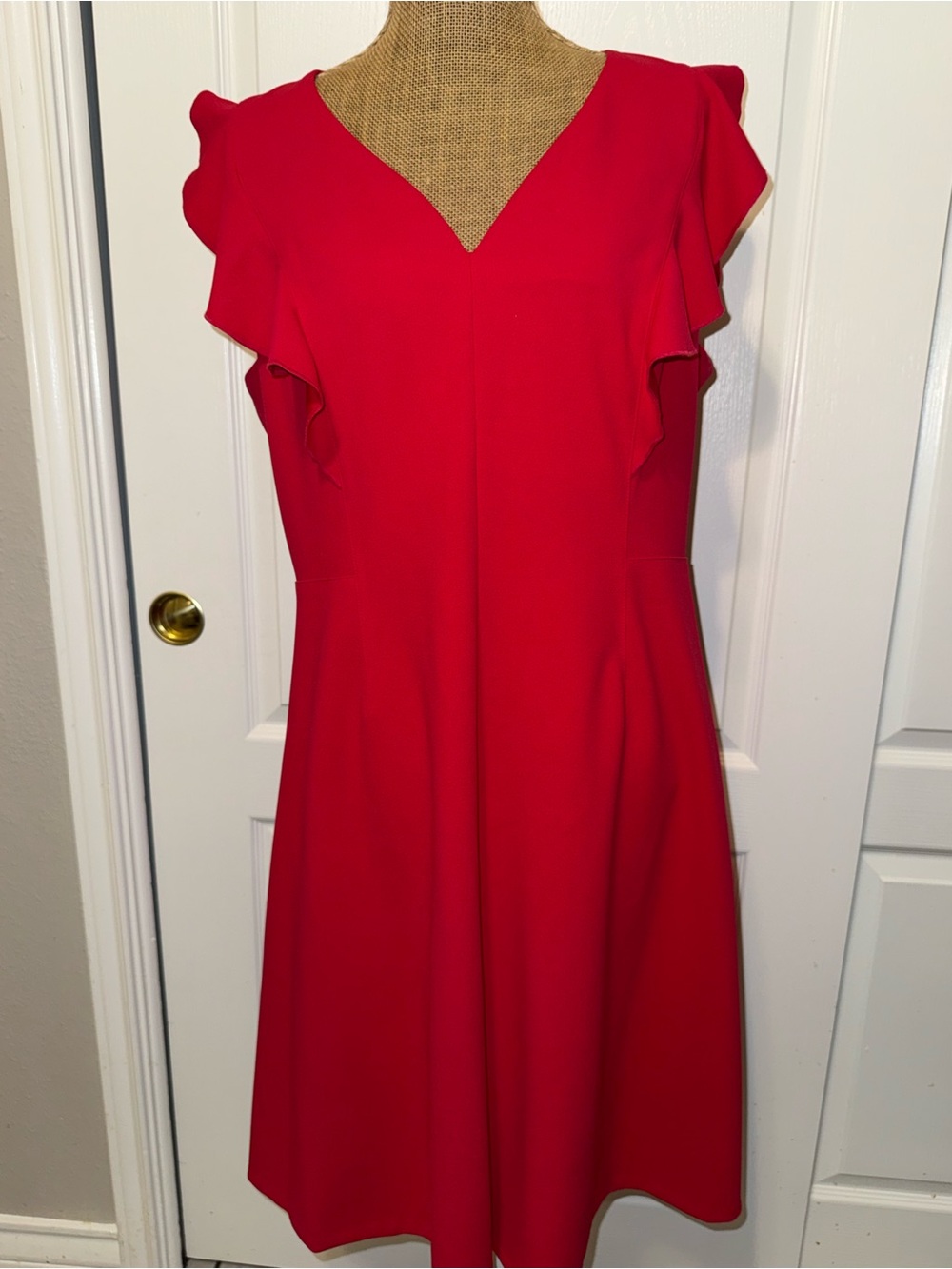Tommy Hilfiger Red V-Neck Midi Dress with Flutter Sleeves